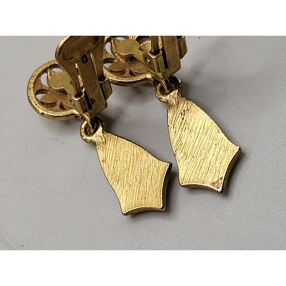 Vintage Gold-Tone Enamel Drop Earrings Art Deco Revival Black Amber look - Picture 7 of 7